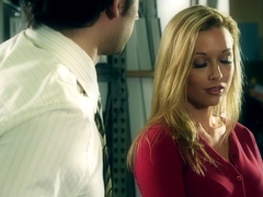 Attractive blonde with fake tits giving her guy  handjob then getting smashed hardcore