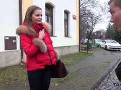 Bright looking in her red jacket slut Candy is picked up for car sex