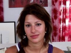 Busty redhead chick widens to show pink gash