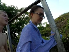 Housewife washes clothes on the river and caught a dick in a pussy