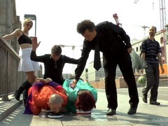 Lewd bald whore Mad Kate exposes her curves outdoors and gets fucked hard