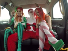 Christmas threeway in a cab with festive gals Alexxa Vice and Azura Alii