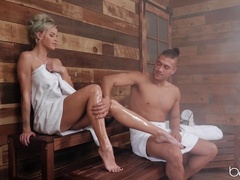 Gorgeous pornstar gets oiled up and sodomized in the sauna