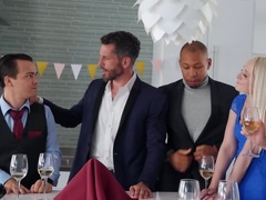 Busty harlot is giving blowjobs to two studs