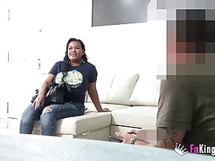 Busty cleaning lady cleans her client',s cock with her tongue