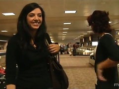 Rita and Madeline show their boobs for the camera in a public place