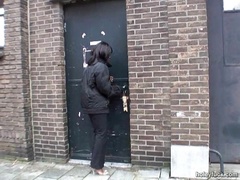 Cute ebony chick sucks a hard dong from a gloryhole then fucks