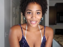 Amateur ebony babe with beautiful black tits gives POV blowjob to dildo and rides it - homemade solo