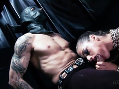 Wild busty whore Cathy Heaven does best as she rides latex dude's cock