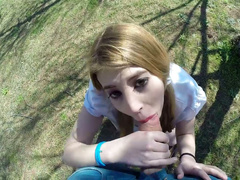 Palatable sweetie with cute pigtails Rena Reindeer gives head on the lawn