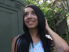 Dark haired sweetie sucks a big pecker outdoors for some cash