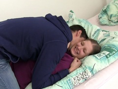 Delightful teen with natural tits unpinning her jeans before enjoying her shaved pussy being licked