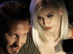 Having lured neighbor marvelous brunette keeps sucking and riding him