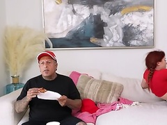 Delivery girl Odette Fox busy riding his perfect penis