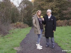 Big tit British lass in a thong giving a sensual blowjob