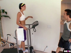 Quite buxom sporty brunette Ashdon James enjoys spoon sex pose in the gym