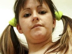 Slut with huge melons in pink fishnet wants to smack a nice ass