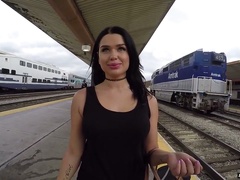 Fabulous and cute brunette with fat ass undressed and boned in the train