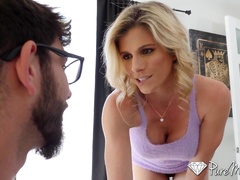 Curious and naughty blonde flashes her big boobs before being anal pounded