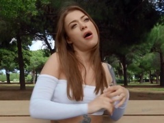 Babe with amazing tits is giving outdoor blowjob