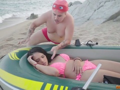 Two kinky dudes fuck super juicy Spanish milf Katrina Moreno chick on the beach